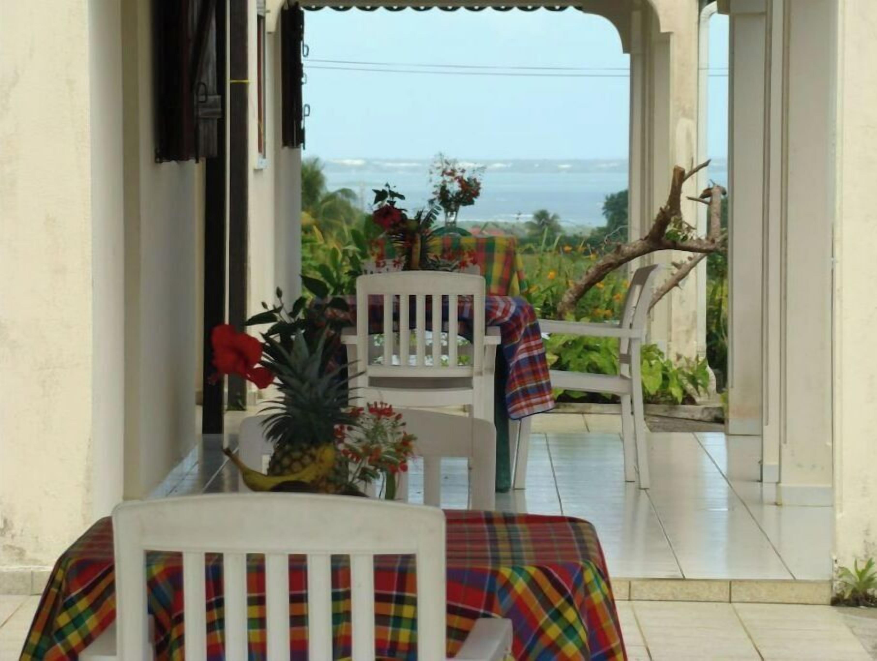 A dining area with a view of the ocean, featuring a table and chairs with a colorful tablecloth, a pineapple, and flowers.