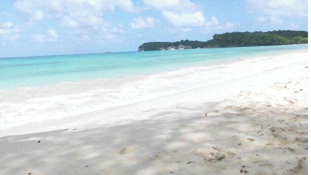A beach with white sand and clear turquoise water.