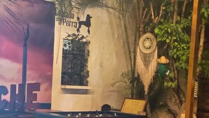 Un ambiente interior acogedor con mesa de fútbolín, sillas de madera y un mural que representa un caballo.
