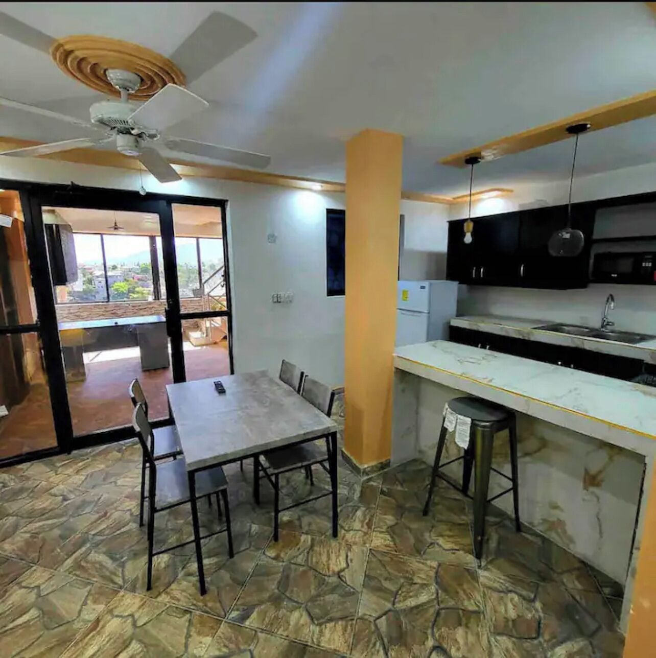 Fridge, microwave, cookware/dishes/utensils