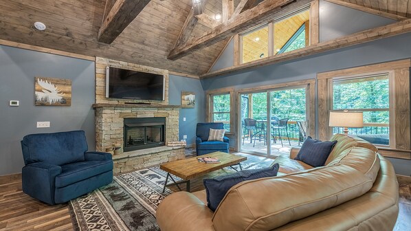 Smart TV, fireplace, foosball