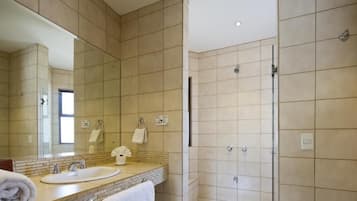 Ducha, secador de pelo, toallas, jabón