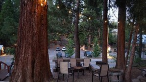 An outdoor seating area with tables and chairs, surrounded by trees and string lights.