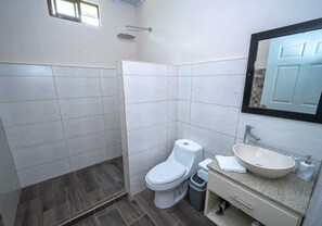 Regadera, toallas, jabón, papel de baño 