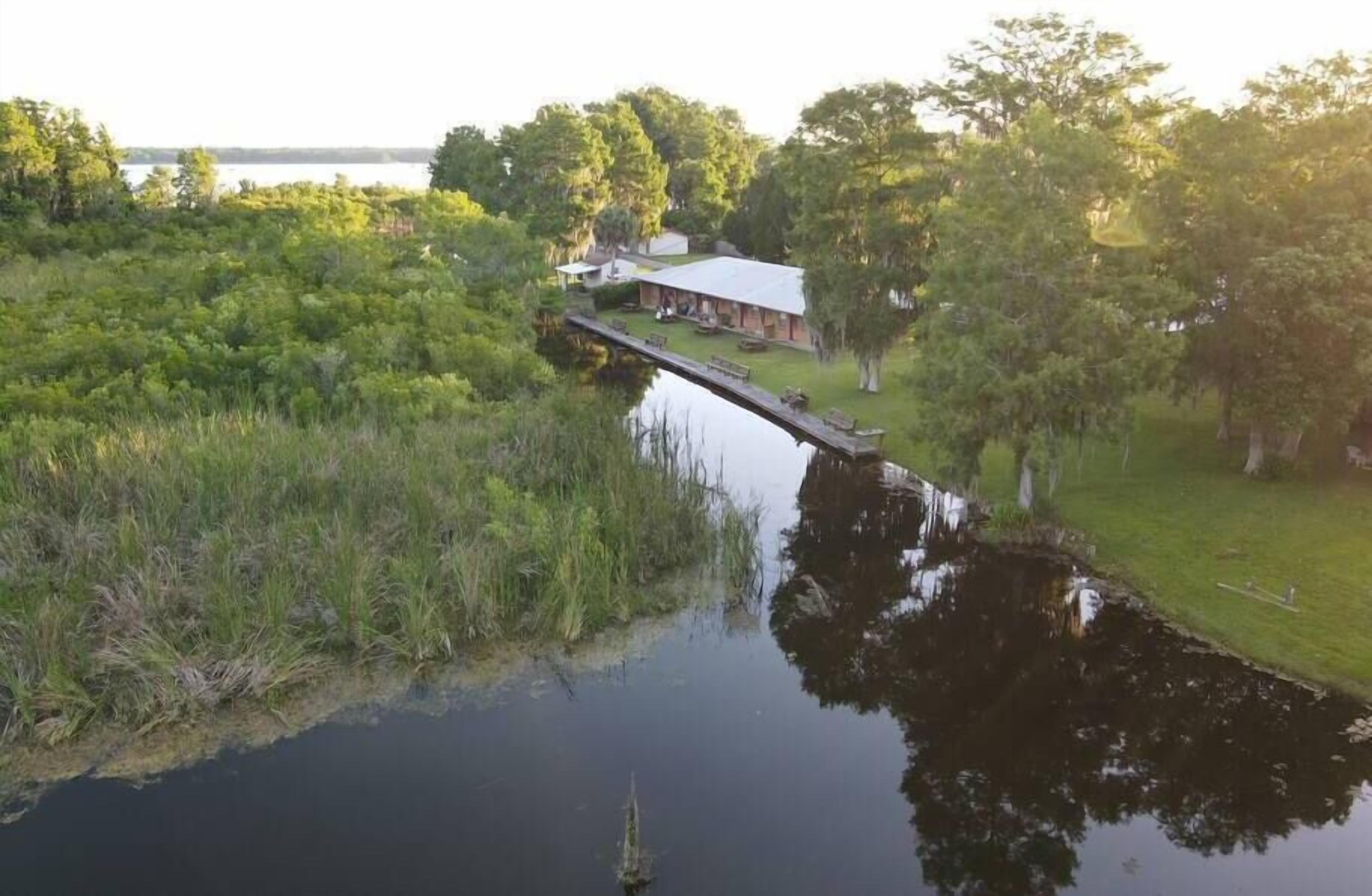 A riverside lodge with a dock extending into the water, surrounded by dense greenery and trees.
