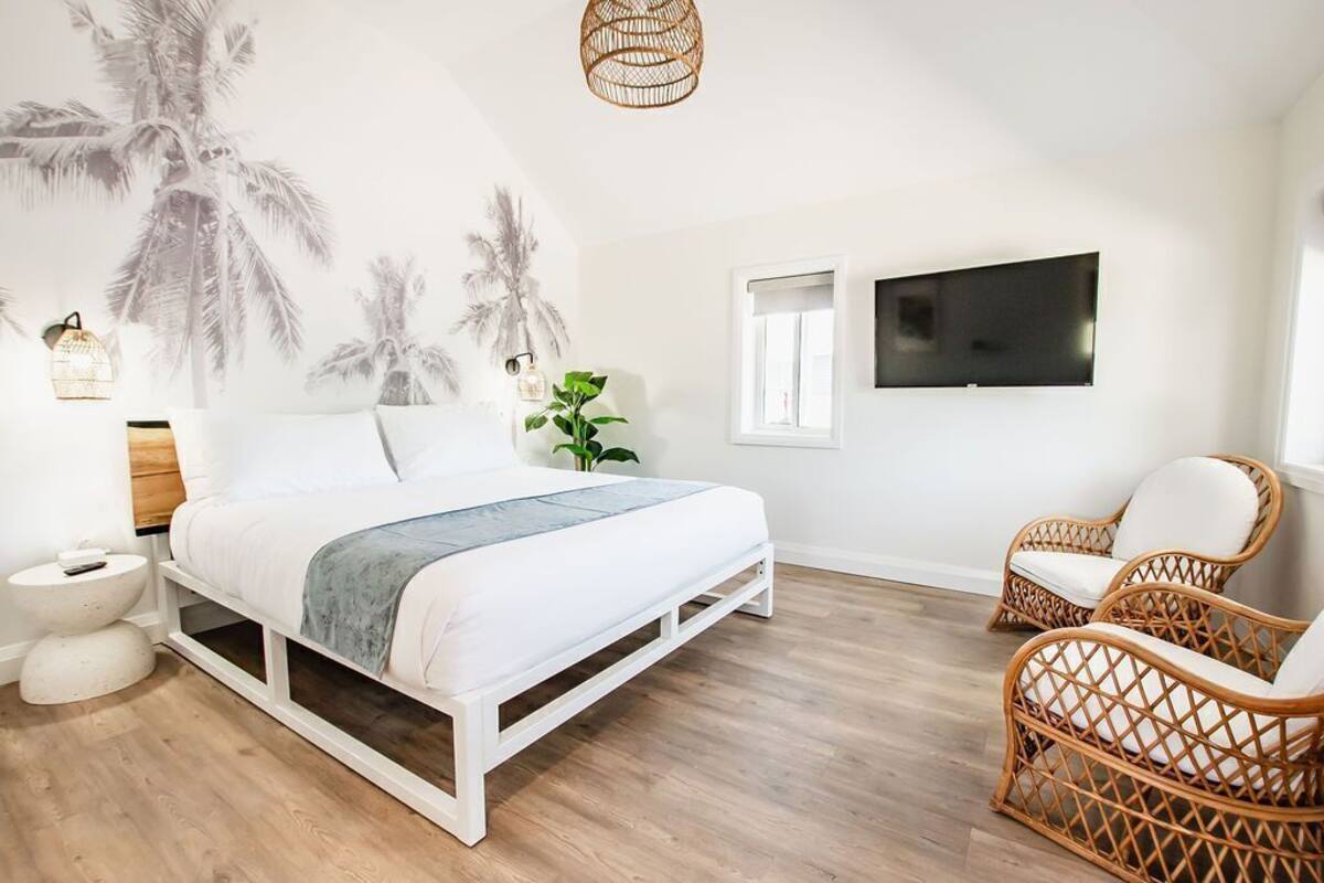 Een slaapkamer met een bed, een televisie, rieten stoelen, een plant en een muurschildering.