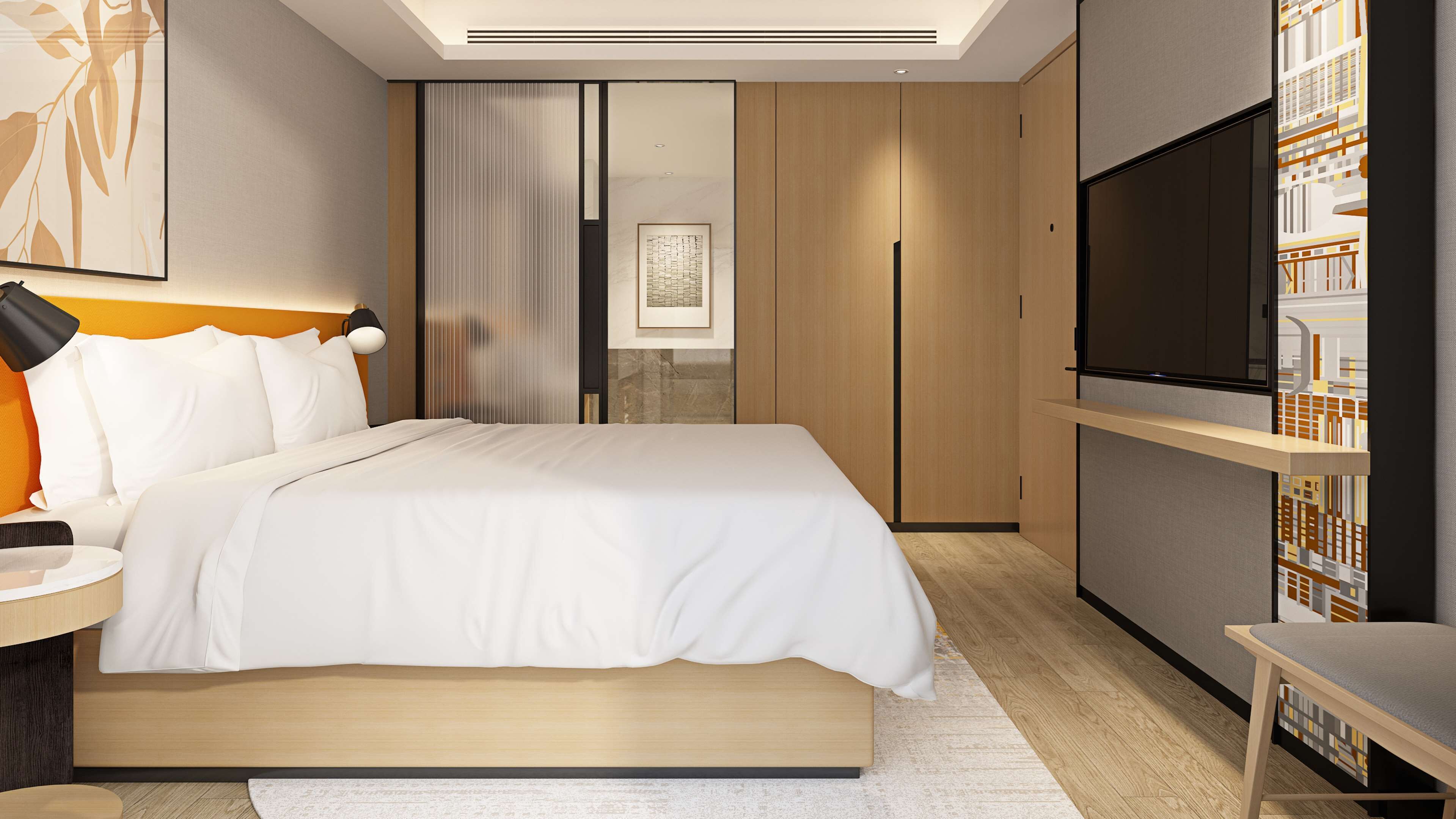 Una habitación de hotel moderna con una cama grande, un televisor y una estantería.