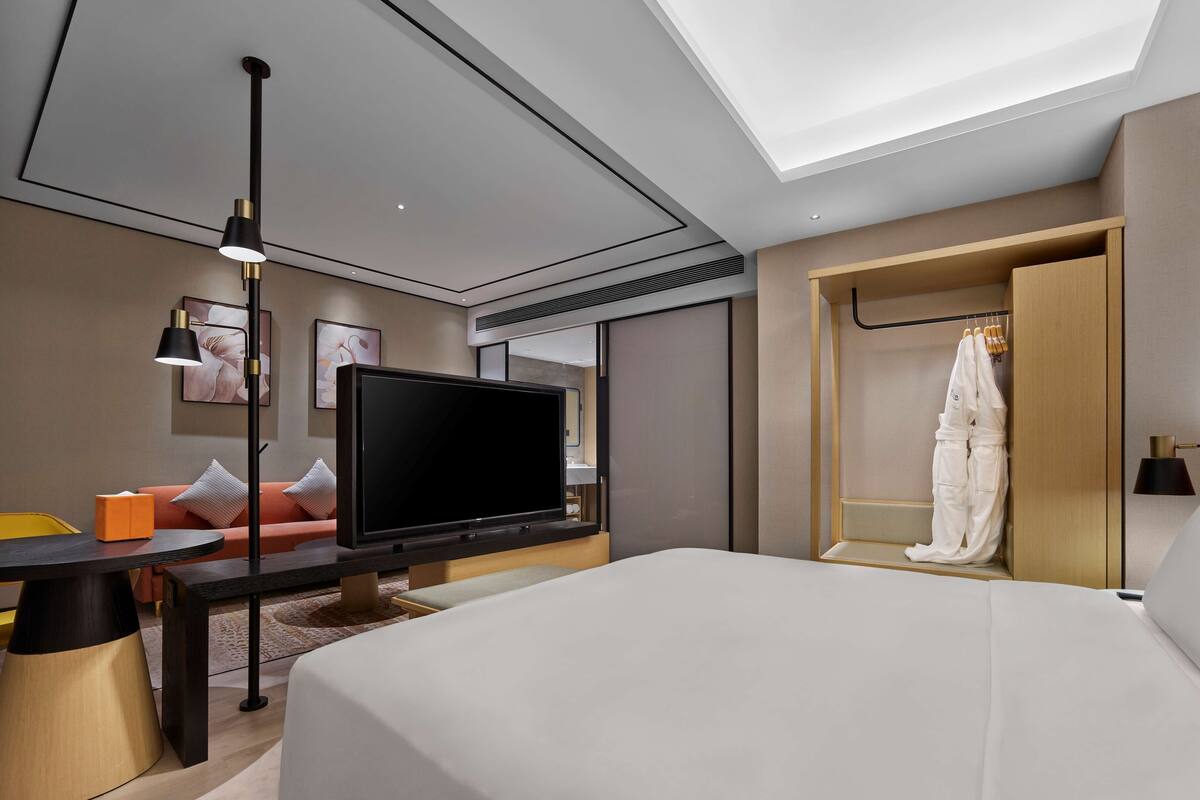 Quarto de hotel moderno com televisão de tela plana, escrivaninha, sofá, cama e closet espaçoso.