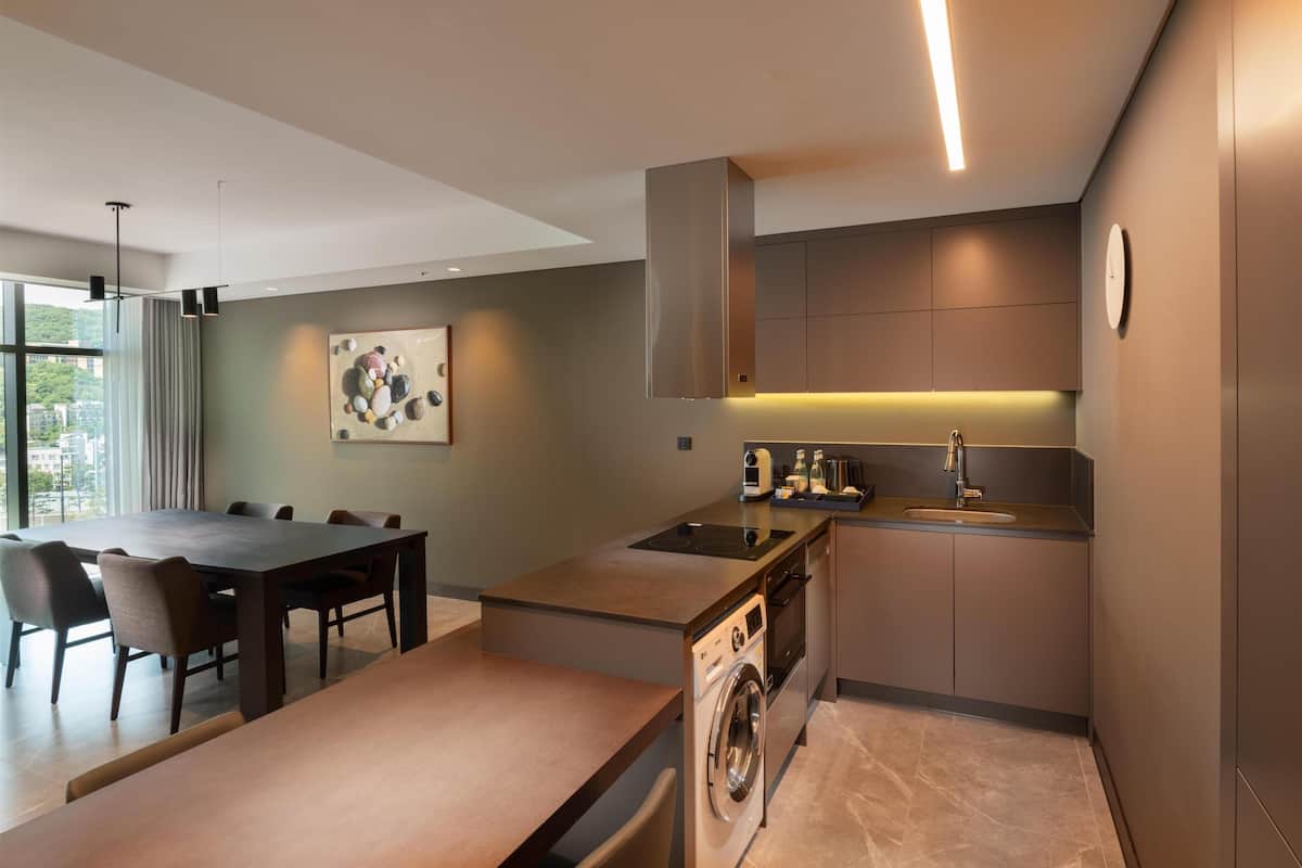 A modern kitchen with a built-in washer, a dining area with a table and chairs, and a view of the city through large windows.