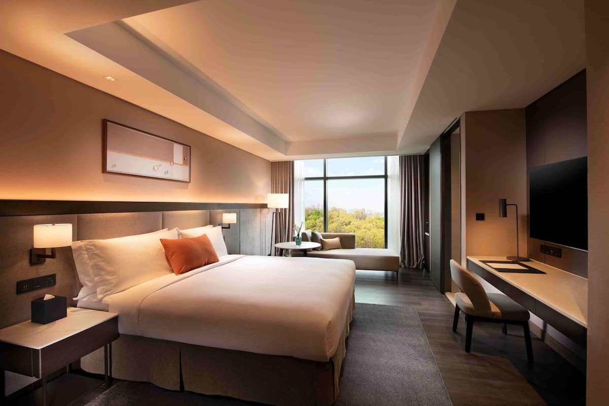 Habitación de hotel con una cama grande, un escritorio, un televisor y vistas al exterior.
