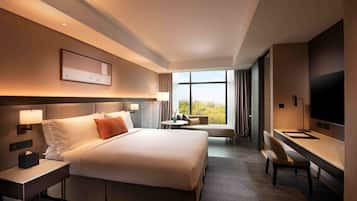 Habitación de hotel con una cama grande, un escritorio, un televisor y vistas al exterior.