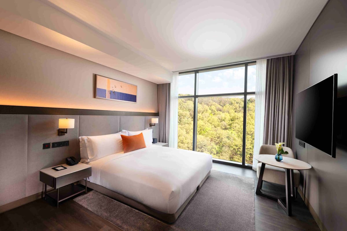 Una habitación de hotel moderna con una cama grande, un escritorio con lámpara, un televisor de pantalla plana y un ventanal con vistas a árboles.
