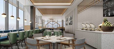 A modern restaurant with a high ceiling, large windows, and a view of the city.
