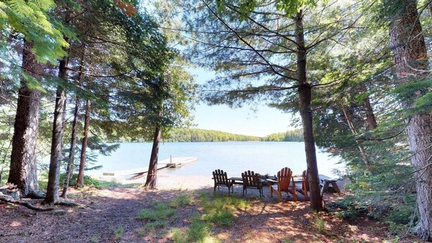 A lakeside campsite with a dock, wooden chairs, and a picnic table. - Stony Cove Camp (Waterfront on Lower Wilson Pond!) (Greenville)