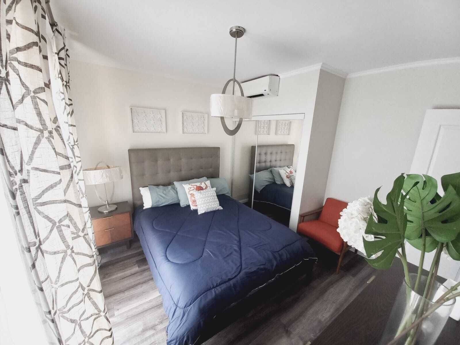 Une chambre à coucher avec un grand lit, une table de chevet, une commode, un miroir, une chaise rouge et une plante en pot.