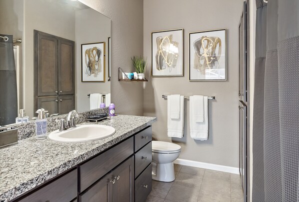 A bathroom with a granite countertop sink, a toilet, and a shower area. There are framed pictures on the wall and a small shelf with toiletries.
