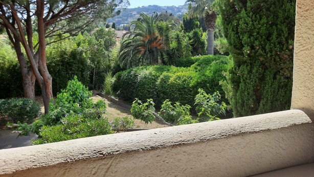 Une vue depuis un balcon, avec un chemin dégagé, une végétation luxuriante et des collines lointaines.