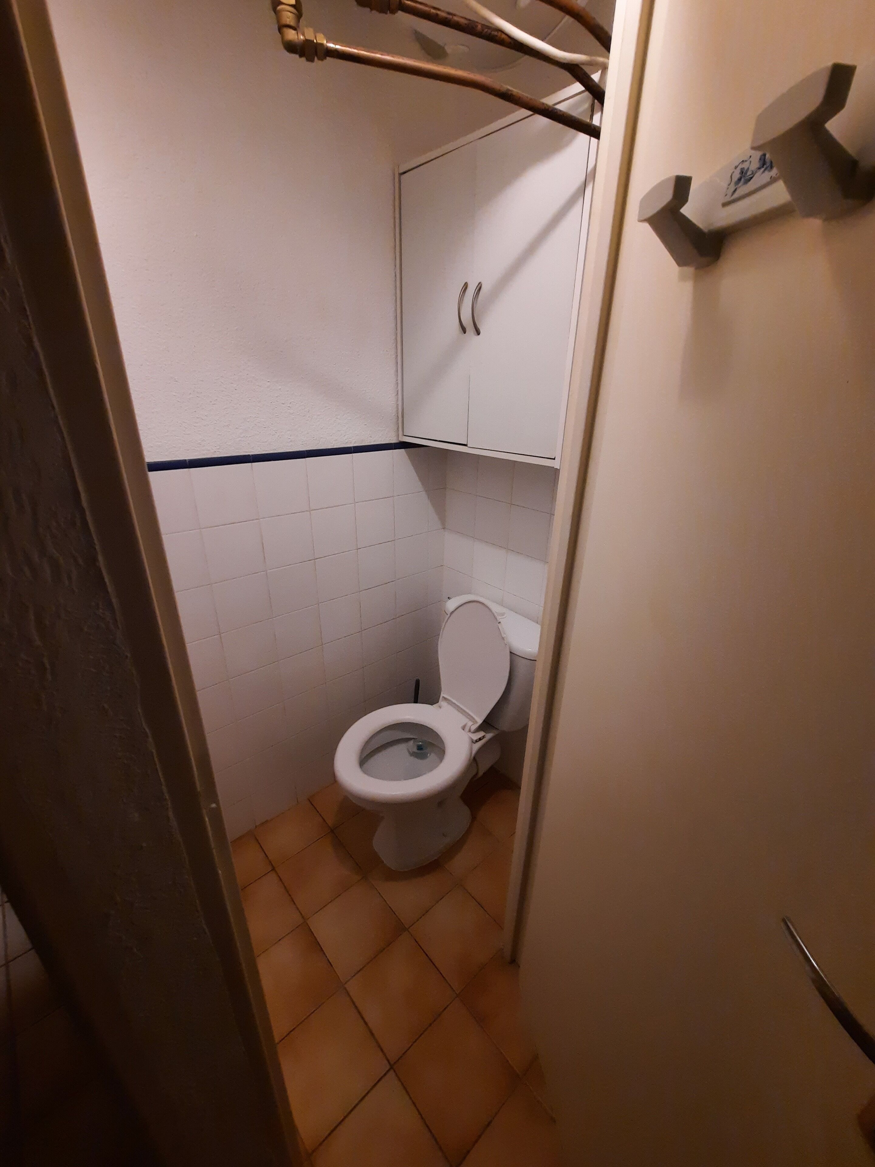 Ein kleines Badezimmer mit Fliesen, einer Toilette, einem Schrank und einem Handtuchhalter.