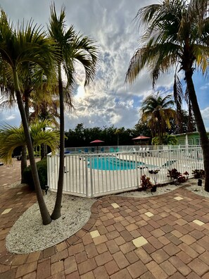 A swimming pool surrounded by palm trees and a white fence, with a brick pathway leading to it. - PALM COTTAGE - Sleeps 4  summer fun ..lobster season.   (Summerland Key)