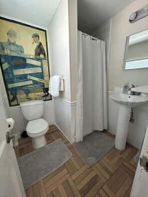 A bathroom with a toilet, sink, shower curtain, and a painting on the wall. - PALM COTTAGE - Sleeps 4  summer fun ..lobster season.   (Summerland Key)
