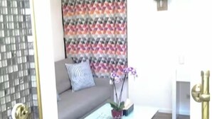 A modern living room with a sofa, a patterned curtain, a small table with a plant, and a glass partition. - Charming, private studio (Paris)