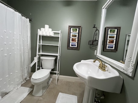 Combined shower/bathtub, towels, soap, toilet paper. The Barn Loft Studio Suite Barndominium