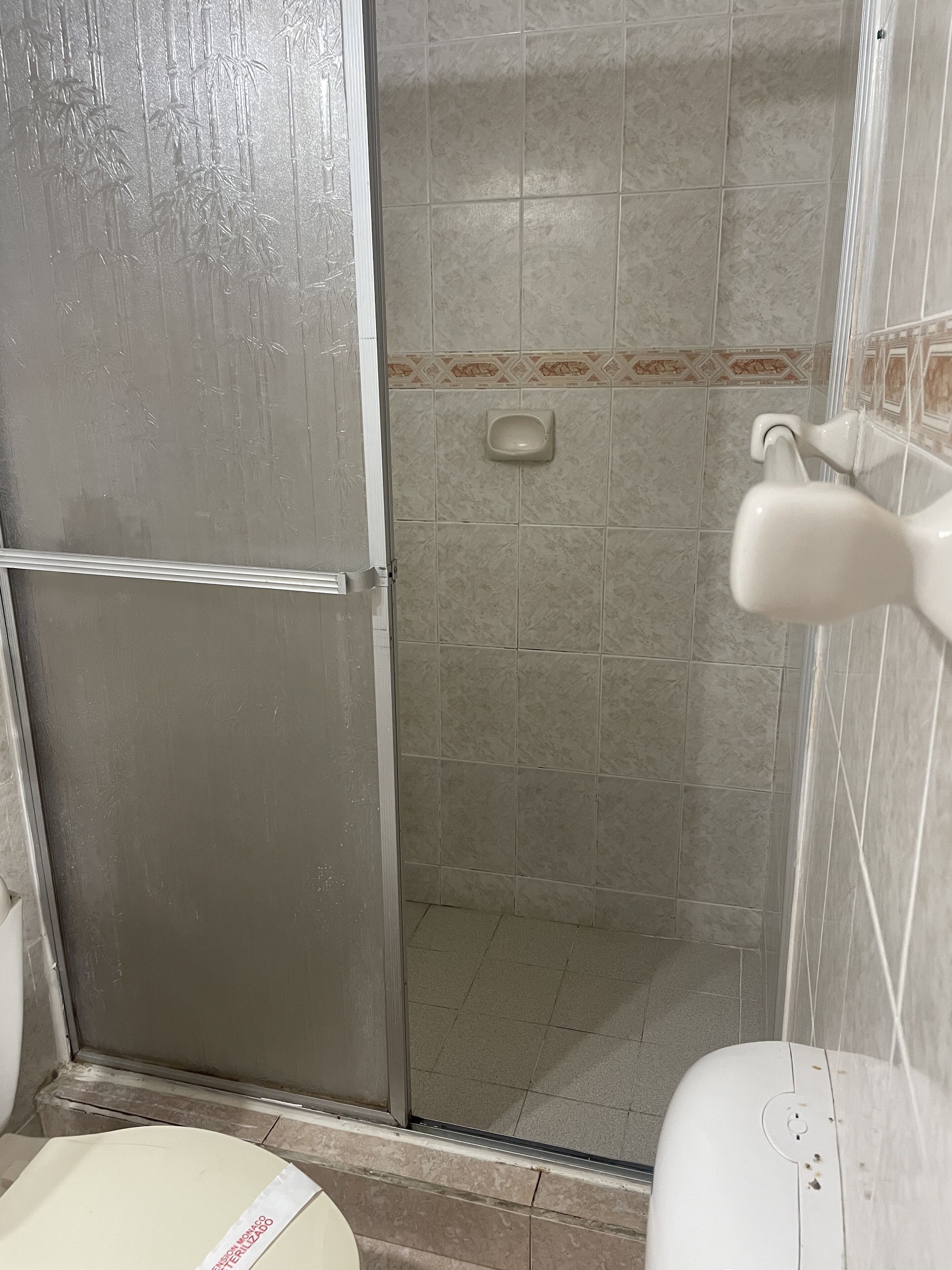 Casa de banho com chuveiro, sanita e dispensador de sabonete na parede.