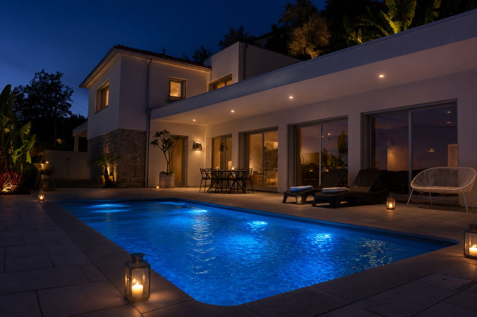 Une maison moderne dotée d’une piscine, d’un espace salon extérieur et d’une terrasse bien éclairée.