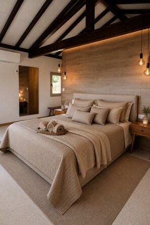 Een slaapkamer met een groot bed, houten balken in het plafond en hanglampen.