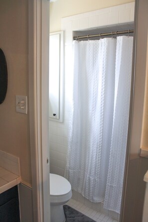 Combined shower/bathtub, hair dryer, towels, soap