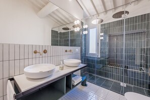 Shower, hair dryer, bidet, towels