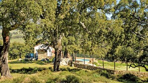 Un área de piscina con paredes de piedra y un edificio de piedra al fondo.