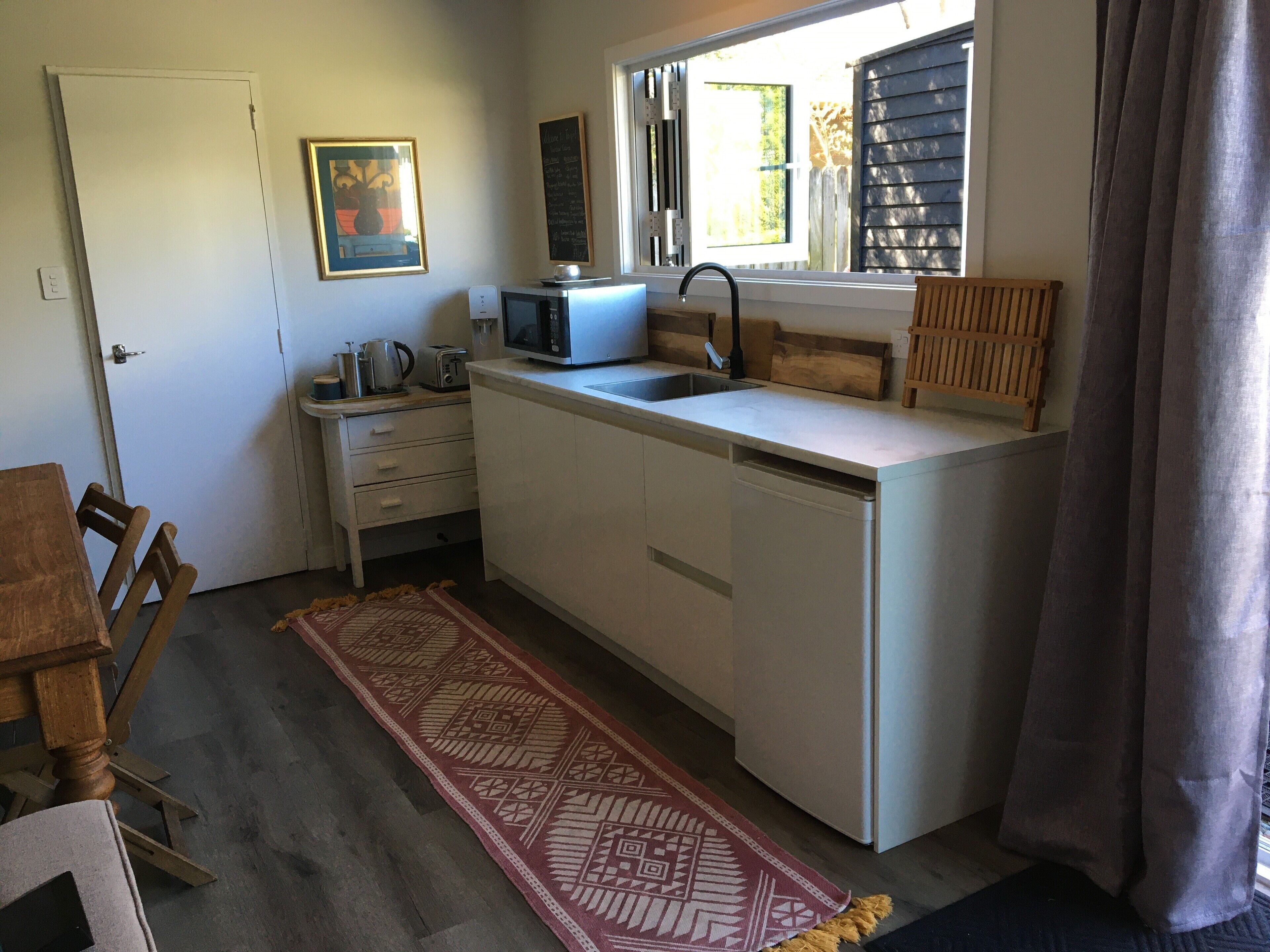 Fridge, microwave, electric kettle, toaster