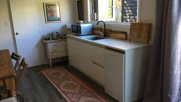 Fridge, microwave, electric kettle, toaster