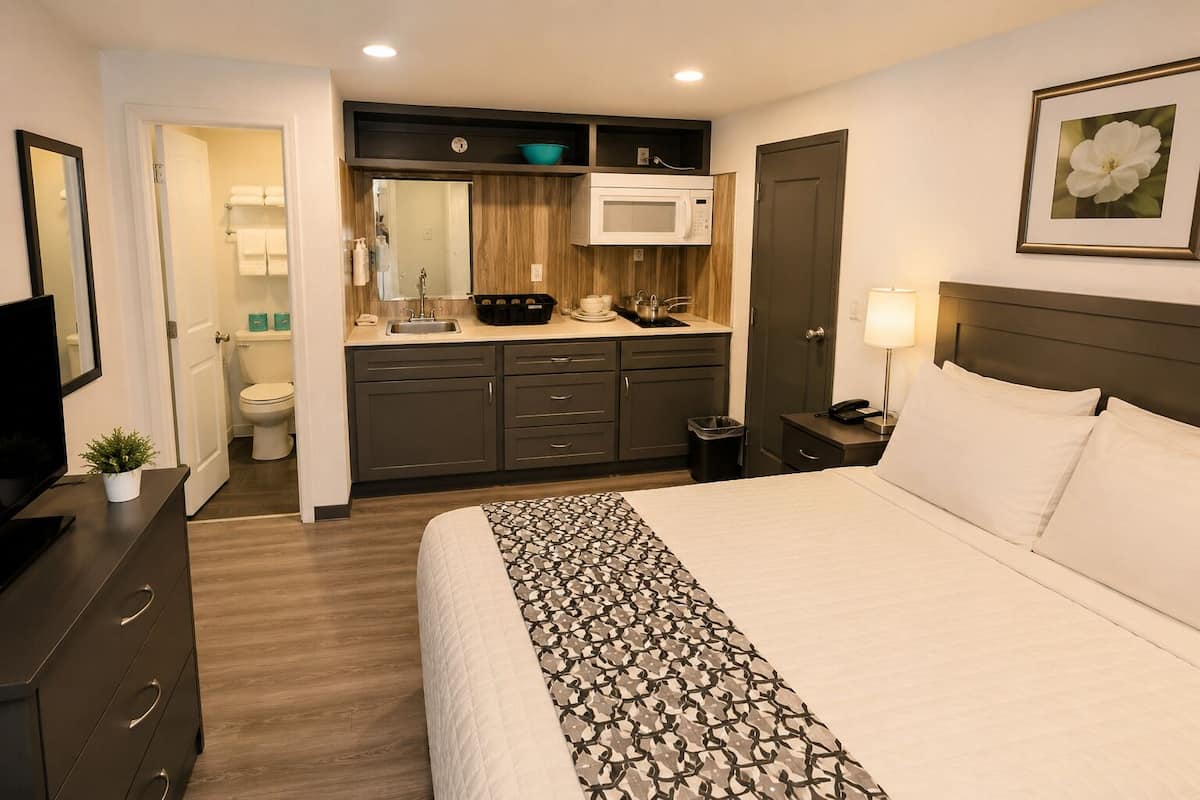 A hotel room with a bed, a TV, a desk, a microwave, a sink, and a door leading to the bathroom.