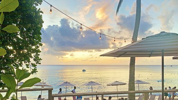 Un restaurante frente a la playa con terraza, sombrillas y vistas al océano.