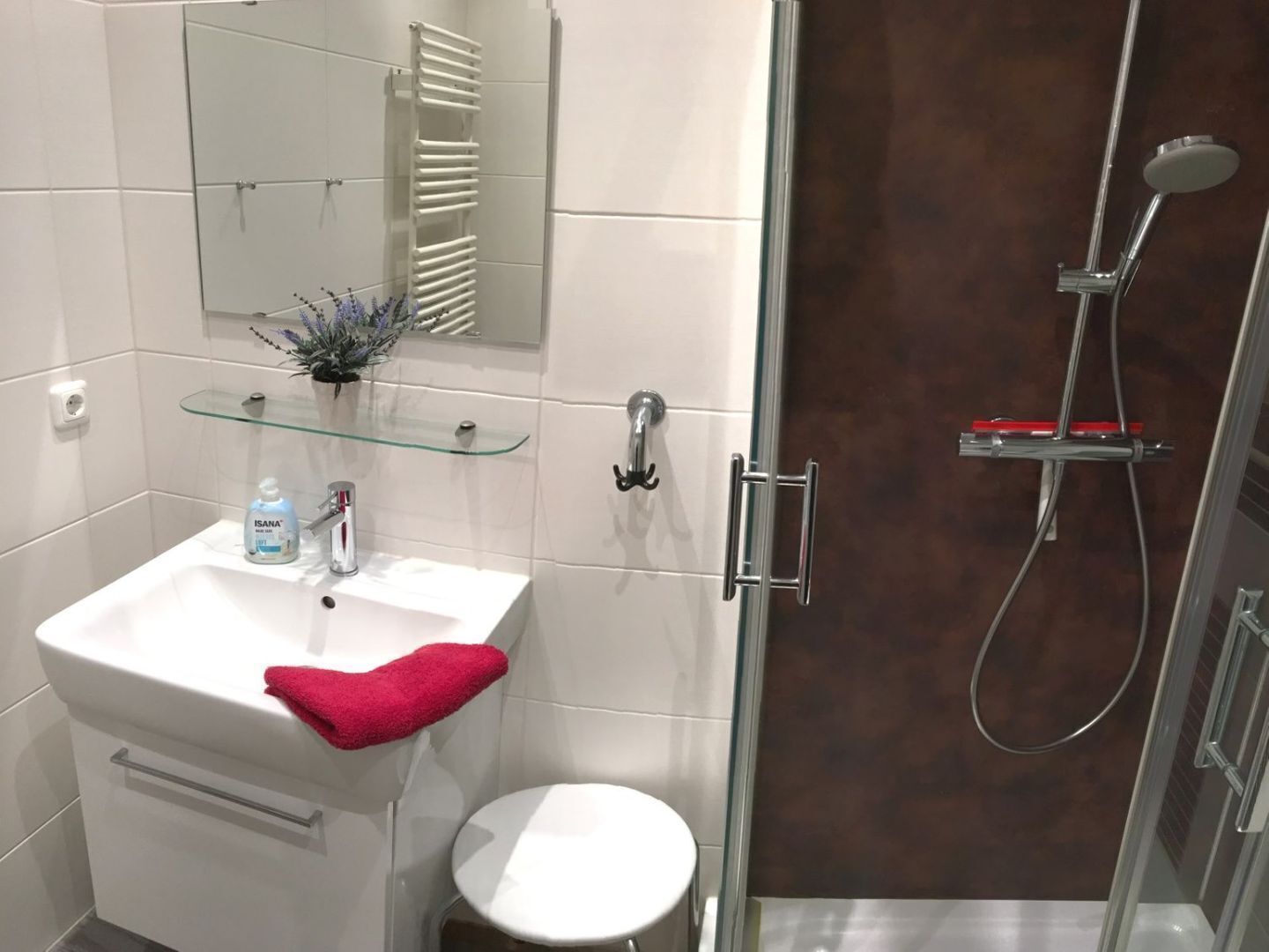 Un bagno con un lavandino bianco, uno scaffale in vetro, un asciugamano rosso, un WC e una zona doccia.