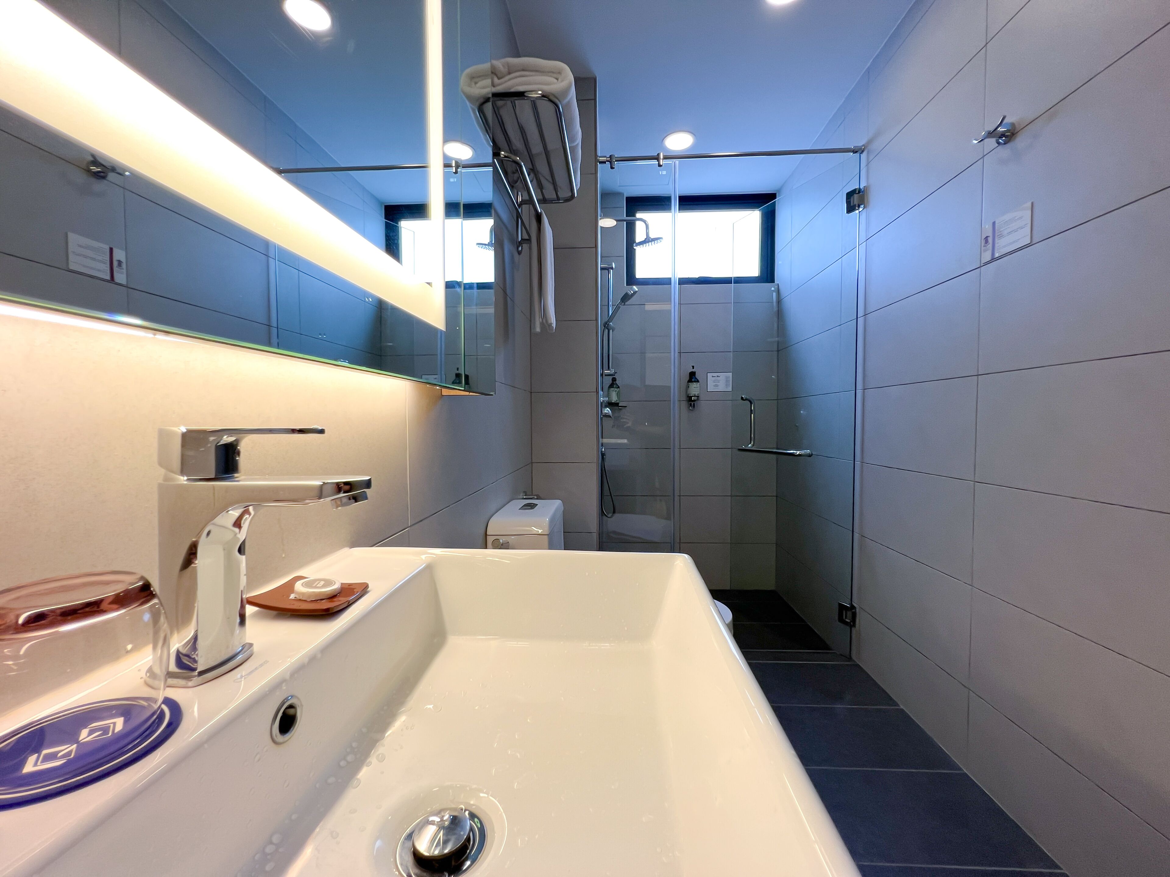 A modern bathroom with a large sink, a mirror, and a shower area.