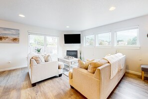 TV, fireplace, DVD player, video library