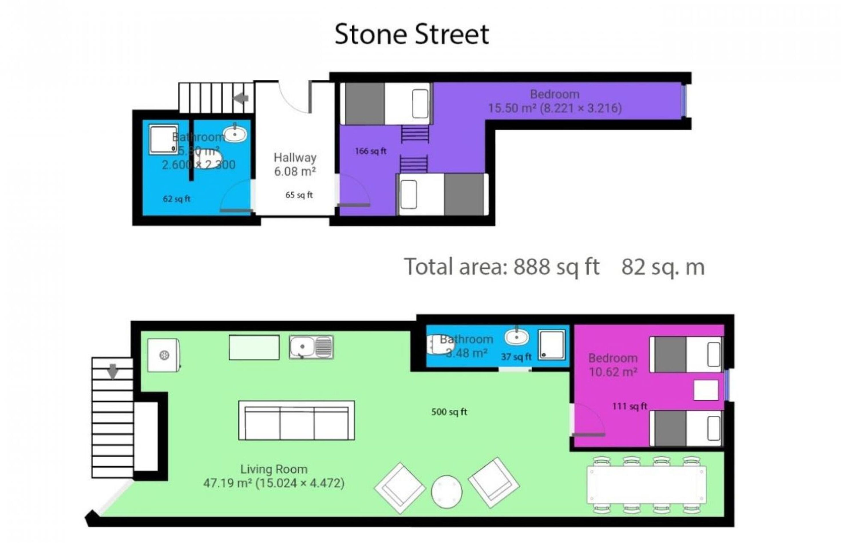A floor plan of a Stone Street apartment with a total area of 888 sq ft, including a living room, two bedrooms, a bathroom, and a hallway.