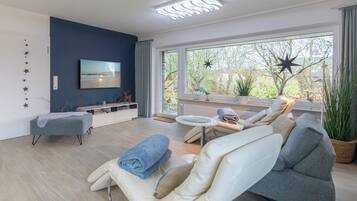 Fernseher, DVD-Player, Bücher, Stereoanlage