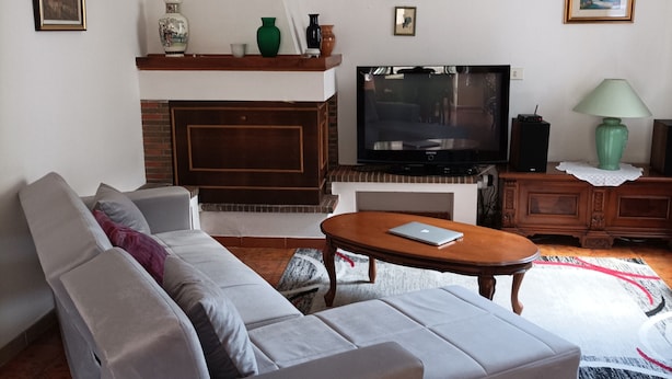 A living room with a sofa, a television, a fireplace, and a chandelier.