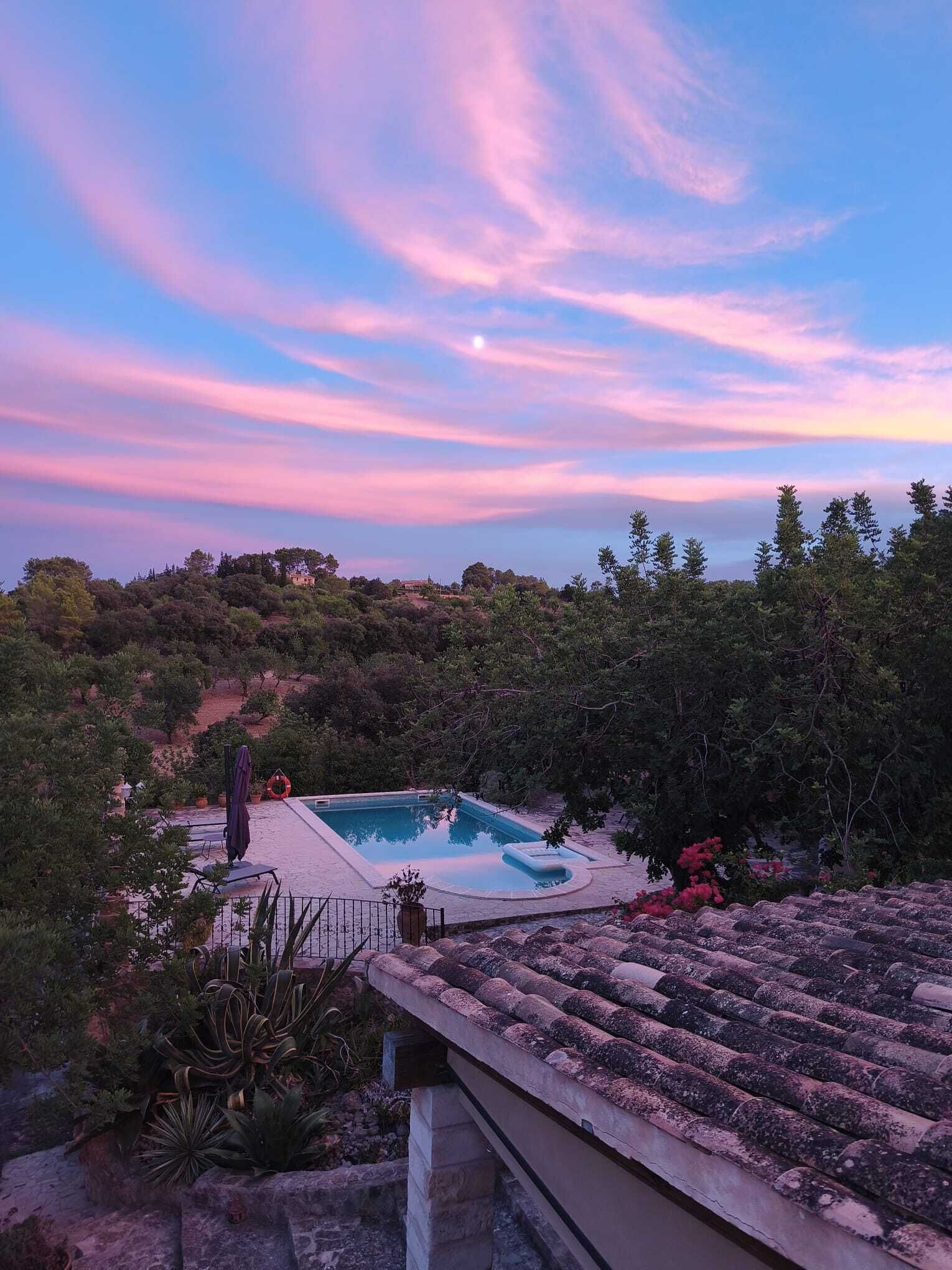 Une piscine offrant une vue sur le ciel et les arbres environnants.