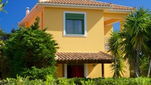 Una casa amarilla con techo de tejas, ventana verde y puerta roja.