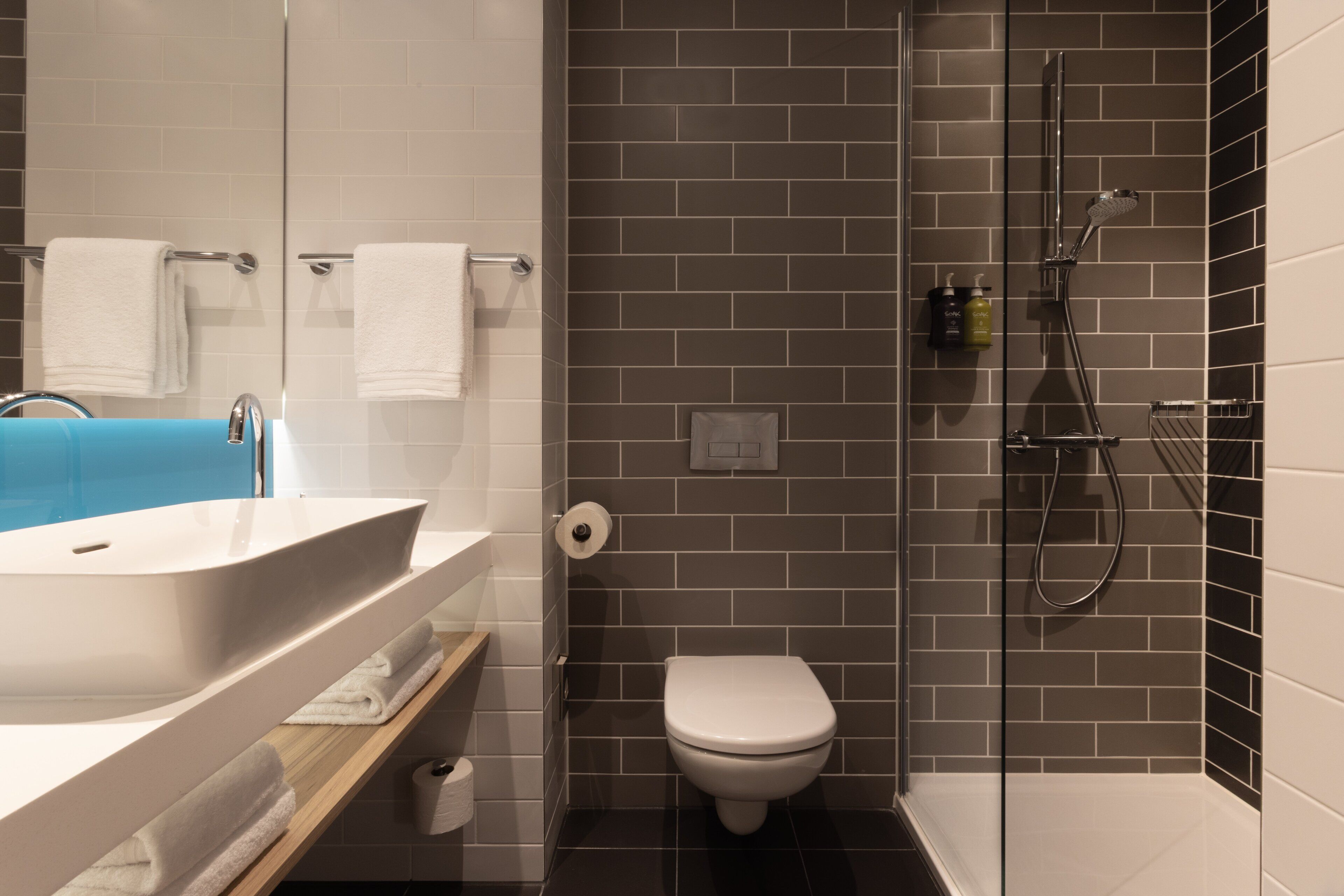 Een douche, een regendouche, een haardroger, handdoeken