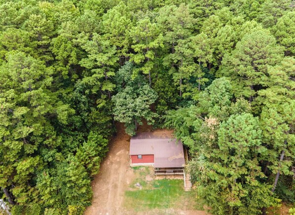 Vue aérienne d’une cabane entourée d’une forêt dense.