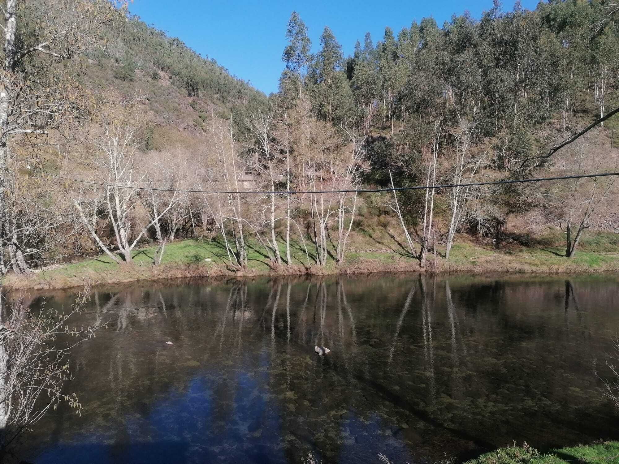 Un lac paisible, entouré d’arbres et de collines.