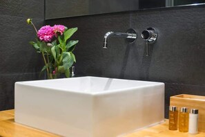 Shower, hair dryer, towels, shampoo