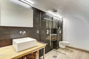 Shower, hair dryer, towels, shampoo
