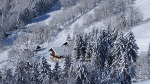 A snow-covered mountain with wooden cabins and trees.